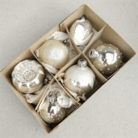 sølvfarvede gamle glas julekugler med glitter sne spejl reflektor glasophæng gammelt julepynt hel æske
